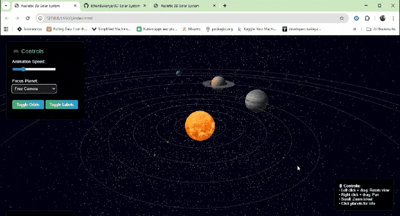 Welcome to the 'realistic-3d-solar-system' project! This project provides an interactive 3D simulation of the solar system with options for both realistic and less accurate representations. Users can explore and learn more about each celestial body in the solar system. This is the 2nd version of my old project 'solar-system3D,' which was very inaccurate. This is an updated version with many new features and functions.